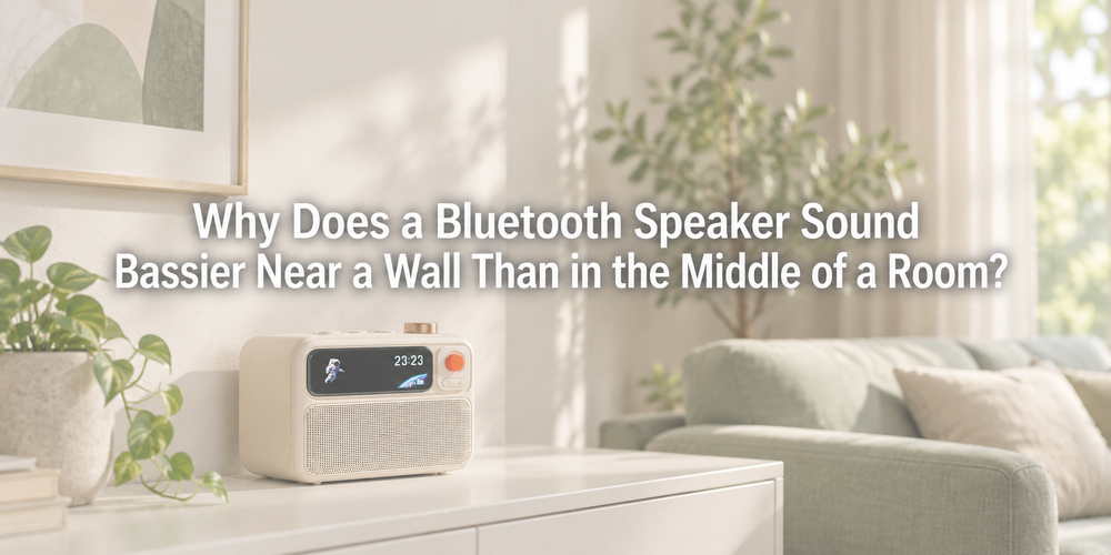 Faded illustrative scene with the full article title about Bluetooth speaker wall placement bass.