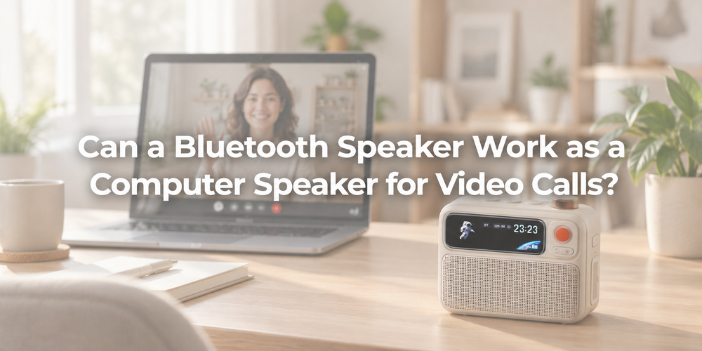 Faded illustrative scene with the full article title about Bluetooth speaker computer video calls.