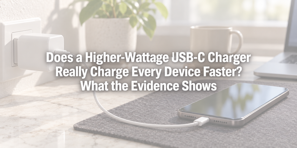 Faded illustrative scene with the full article title about USB-C charger.