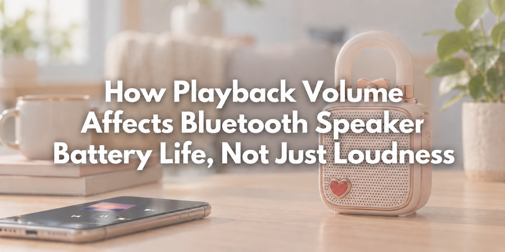 Faded illustrative scene with the full article title about Bluetooth speaker battery life.