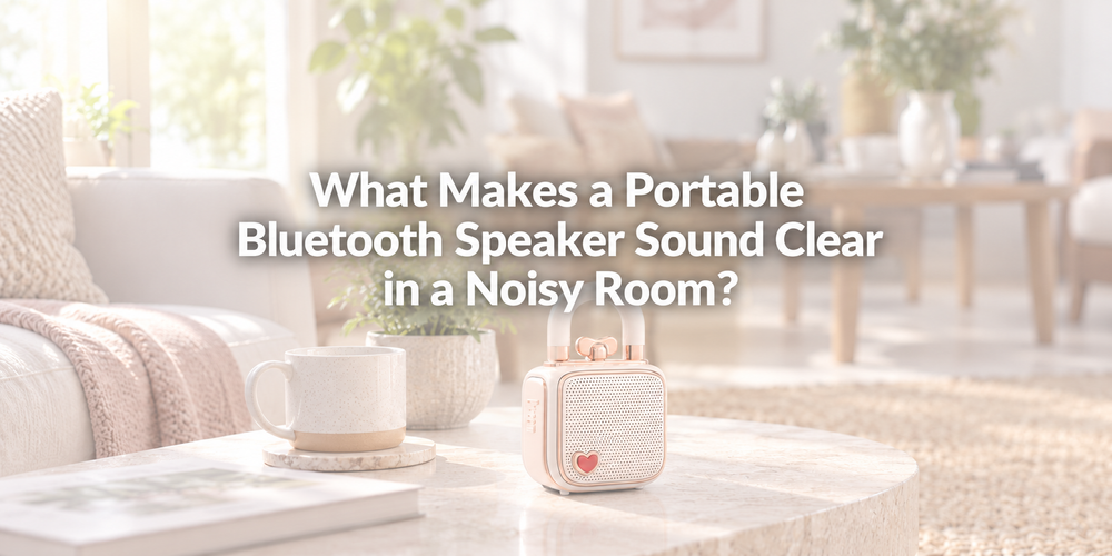 Faded illustrative scene with the full article title about portable Bluetooth speaker.