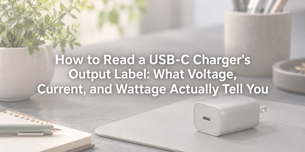 Faded illustrative scene with the full article title about USB-C charger output label.