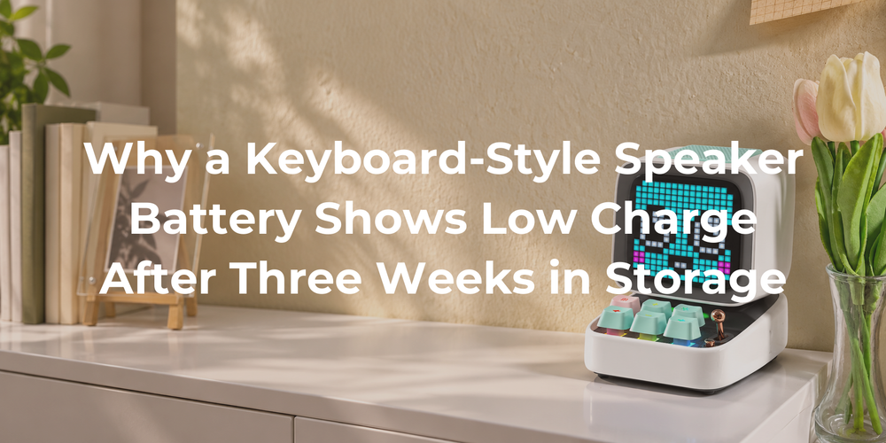 A keyboard-style pixel speaker in a quiet home storage setting.