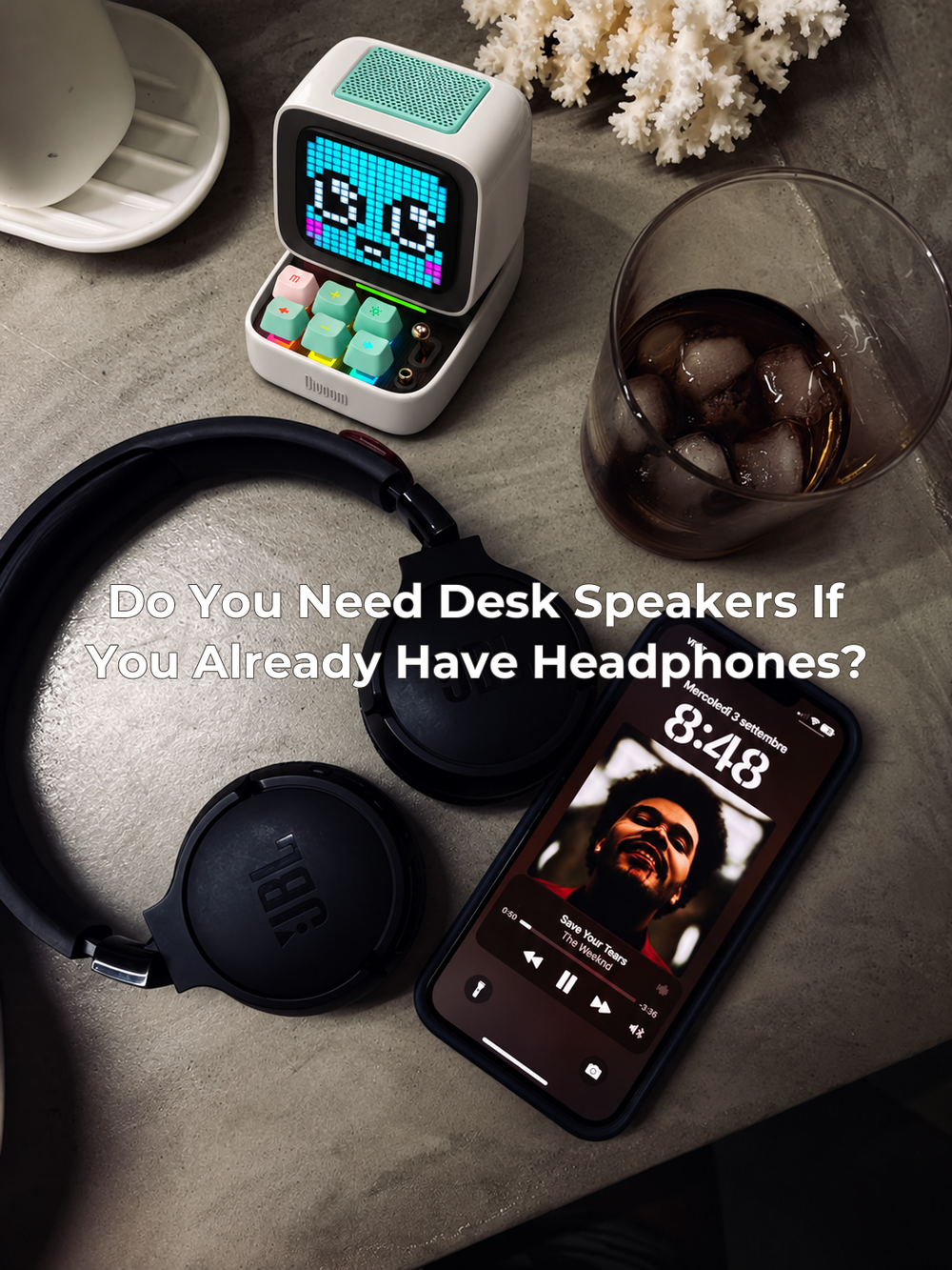 The supplied desk photograph with an accurate product addition and the complete article title centered.