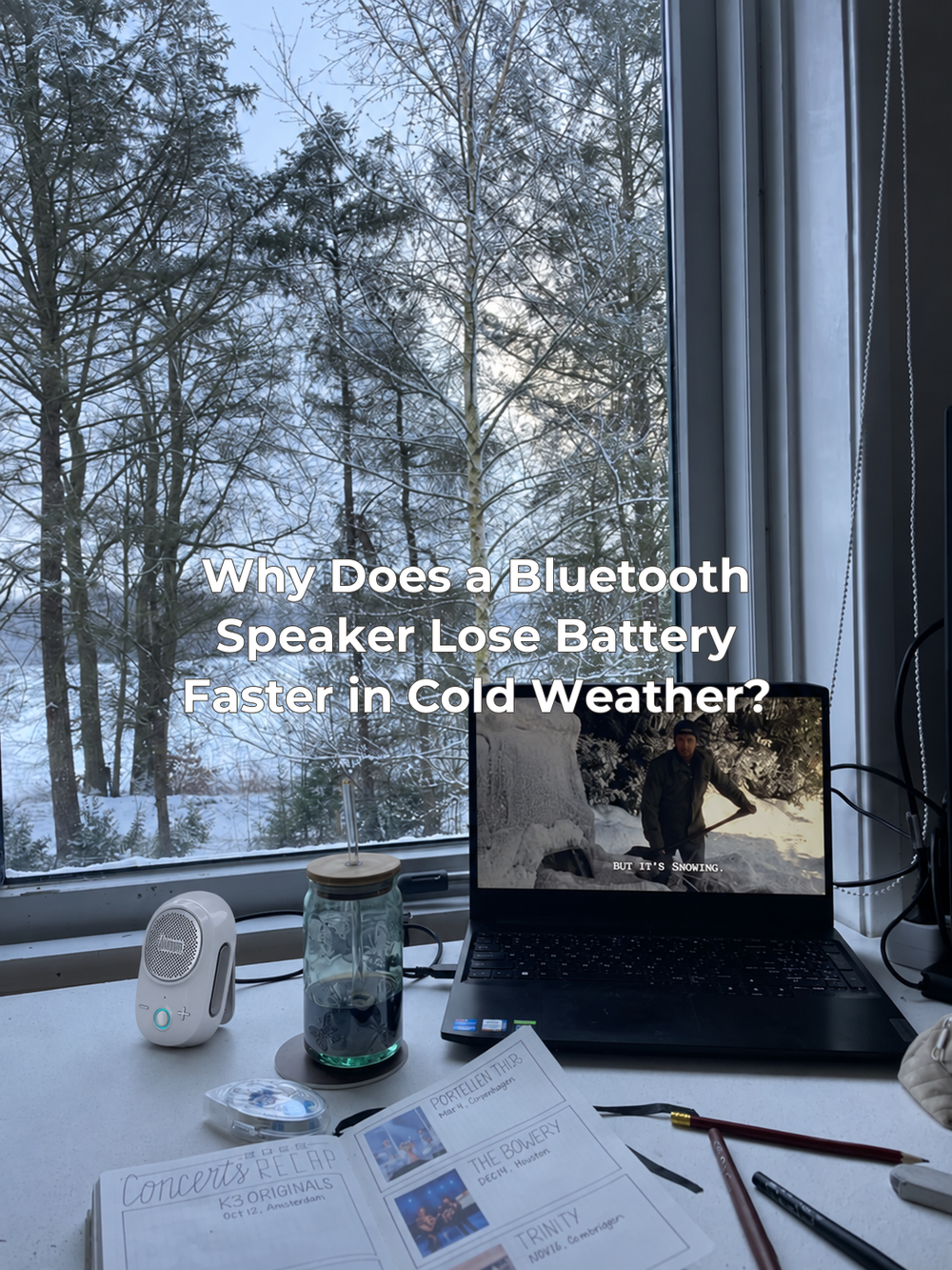 The supplied snowy-window desk photograph with a small white Itour-S added indoors and the title centered.