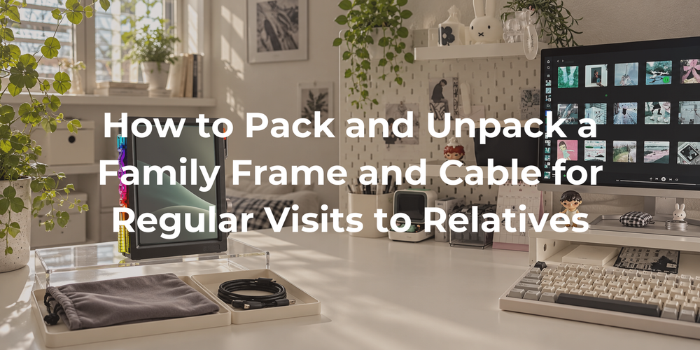Family frame, protective sleeve and separated cable prepared on a cream desk.