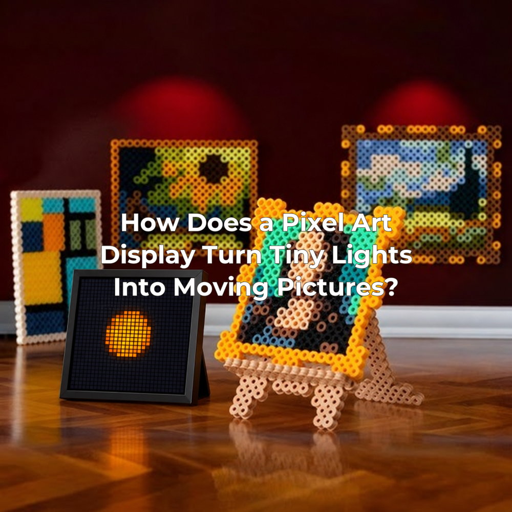 The supplied bead-art photograph with a pixel display added and the full article title centered.