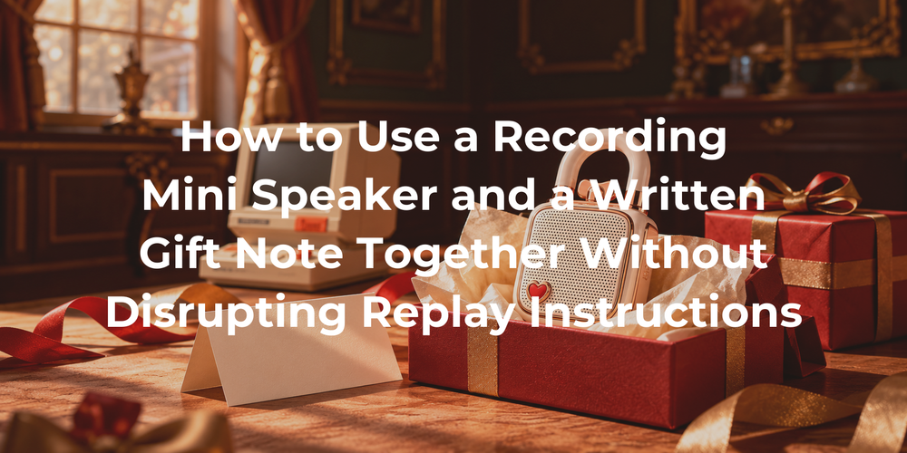 Recording speaker and separate replay instruction card beside a wrapped gift.