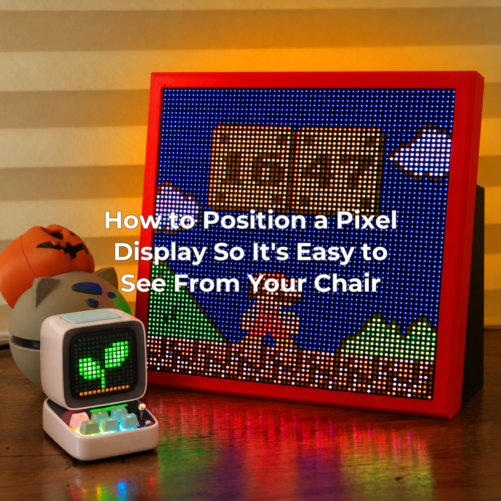 The original red pixel-art scene with a separately added small white speaker and centered article title.