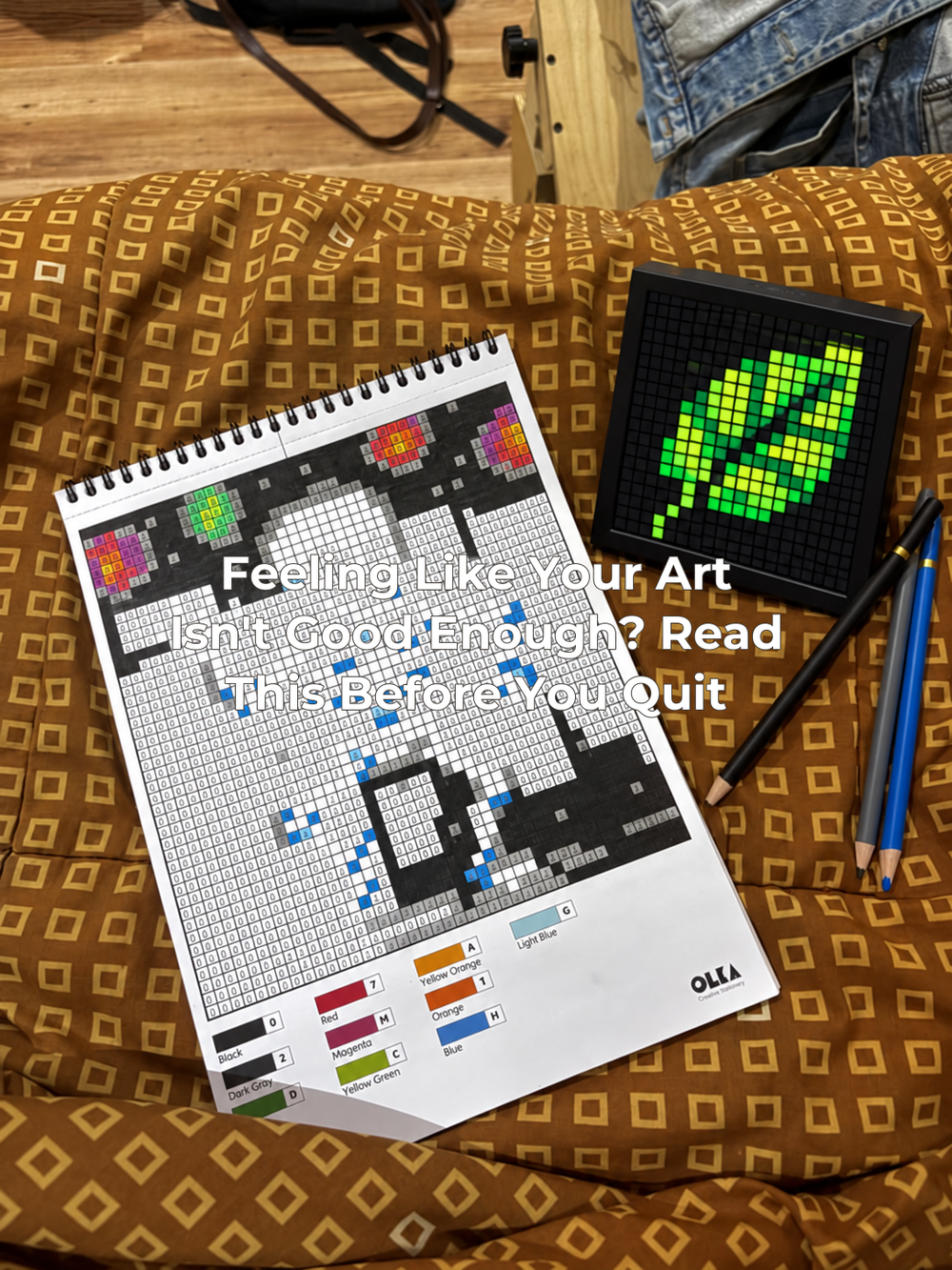 The supplied art notebook photograph with a pixel display added and the complete article title centered.