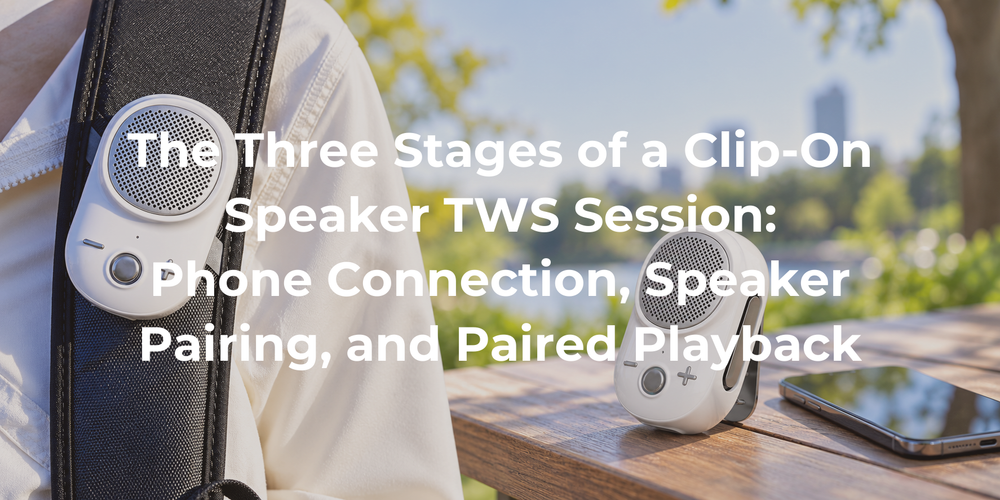 Two matching clip-on speakers and one phone prepared for a TWS session.