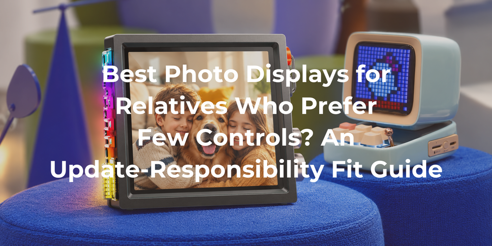 A photo display on a stable surface beside a keyboard-style speaker.