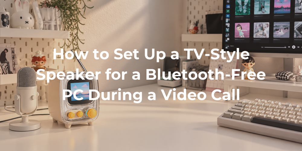 A TV-style speaker and separate microphone at a desktop computer.