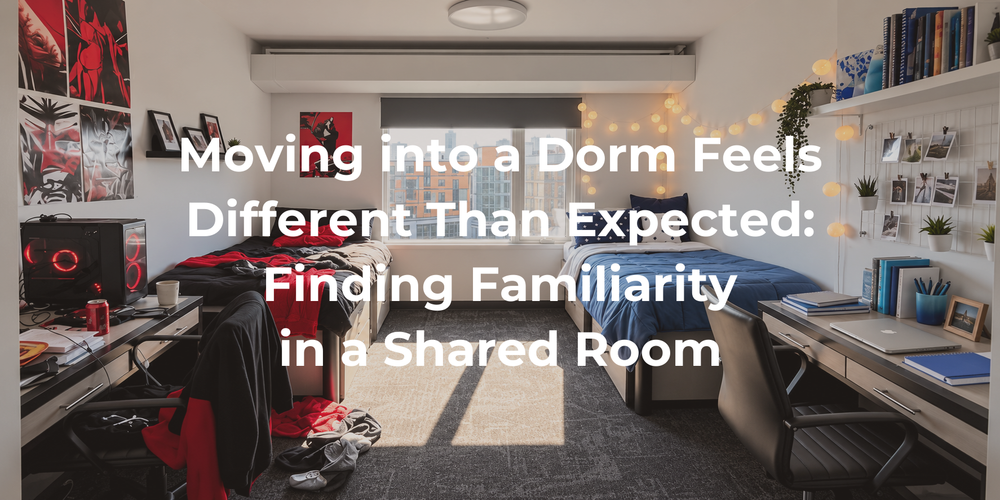 A shared dorm room with personal belongings and an open common walkway.