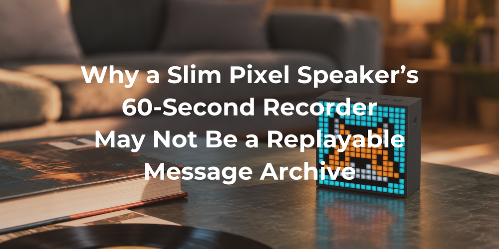 A slim pixel speaker in a quiet home message setting.