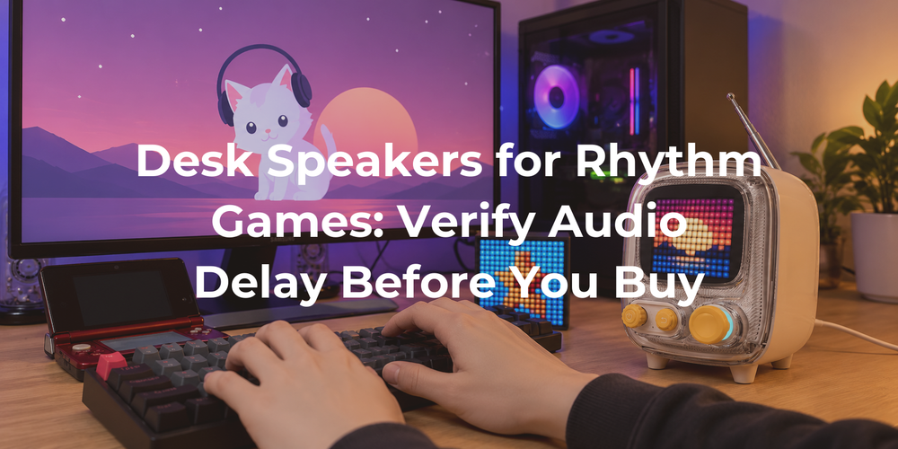 Desk speakers and a computer arranged for a rhythm-game audio check.