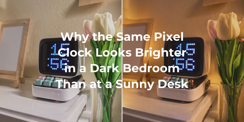 The same pixel clock shown in two illustrative room-light conditions.