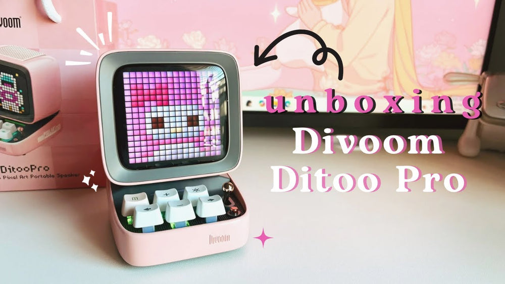 Original YouTube thumbnail: unboxing divoom ditoo pro 💞 | review + tutorial | retro pixel art bluetooth speaker | desk buddy