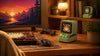 Cozy Gaming Room Setup with Retro Pixel Speakers