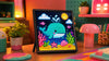 Colorful Divoom Pixoo-64 pixel art display on a dopamine decor desk with teal, pink, and yellow accents