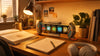 Warm dorm desk setup with Divoom Times Gate pixel display showing pomodoro timer and study motivation widgets