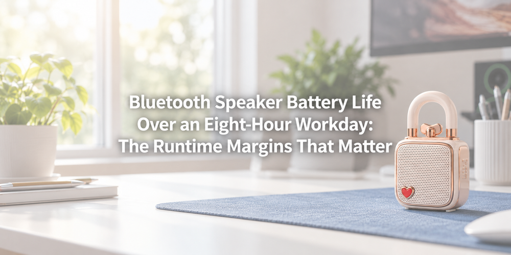 Faded illustrative scene with the full article title about Bluetooth speaker workday runtime.