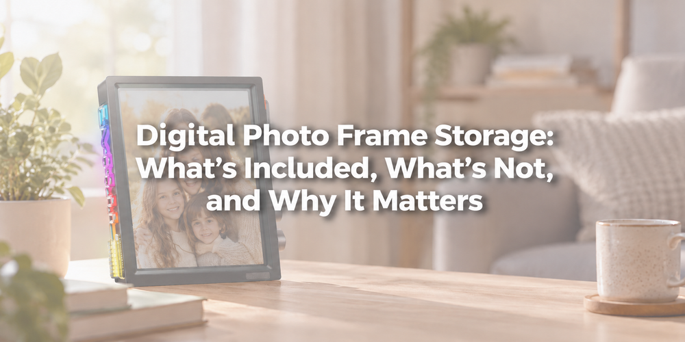 Faded product-and-room scene with the complete article title about digital photo frame storage boundaries.