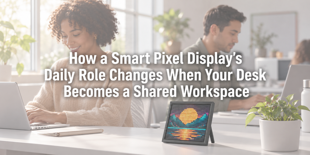 Faded illustrative scene with the full article title about shared workspace pixel display.