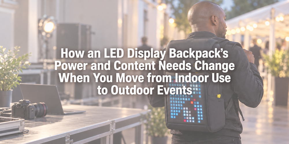 Faded illustrative scene with the full article title about LED display backpack outdoor event.