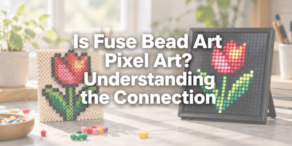 Faded illustrative creative scene with the full article title: Is Fuse Bead Art Pixel Art? Understanding the Connection