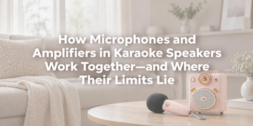 Karaoke speaker and microphone in a softly lit living room beneath the article title