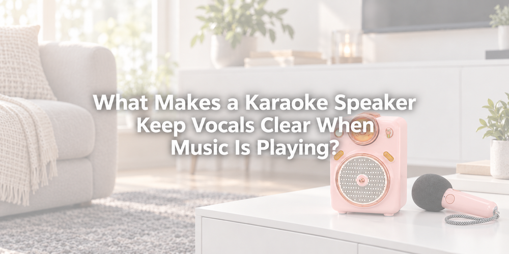 Faded illustrative scene with the full article title about karaoke speaker.