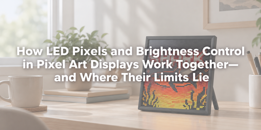 A pixel art LED display on a softly lit desk behind the centered article title