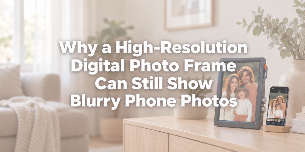 Editorial scene of a phone photo beside a digital photo frame, introducing why display resolution does not guarantee sharpness.