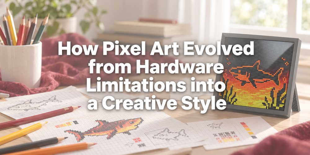 Faded illustrative creative scene with the full article title: How Pixel Art Evolved from Hardware Limitations into a Creative Style