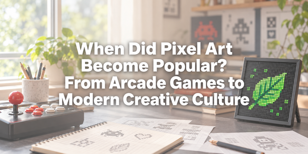 Faded illustrative creative scene with the full article title: When Did Pixel Art Become Popular? From Arcade Games to Modern Creative Culture