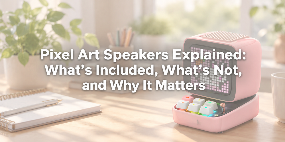 Faded product-and-room scene with the complete article title about pixel art speaker category boundaries.