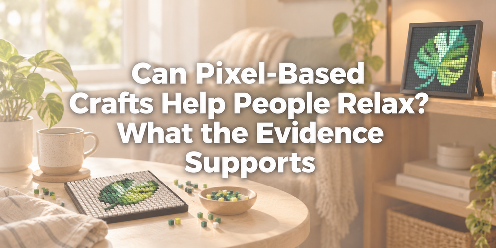 Faded illustrative creative scene with the full article title: Can Pixel-Based Crafts Help People Relax? What the Evidence Supports