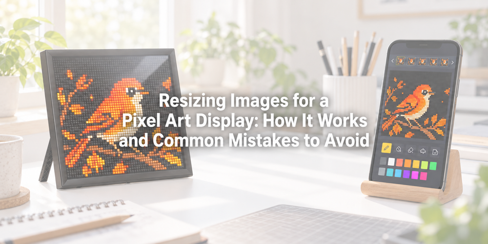 Faded illustrative scene with the full article title about pixel art display.