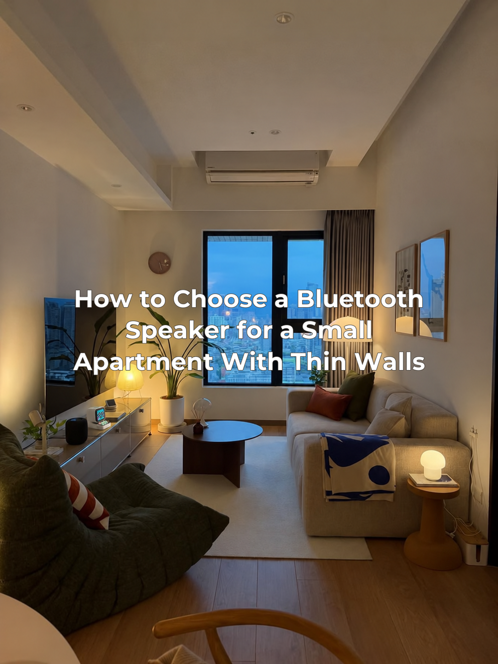 The supplied room photograph with a small white desktop speaker added and the complete article title centered.