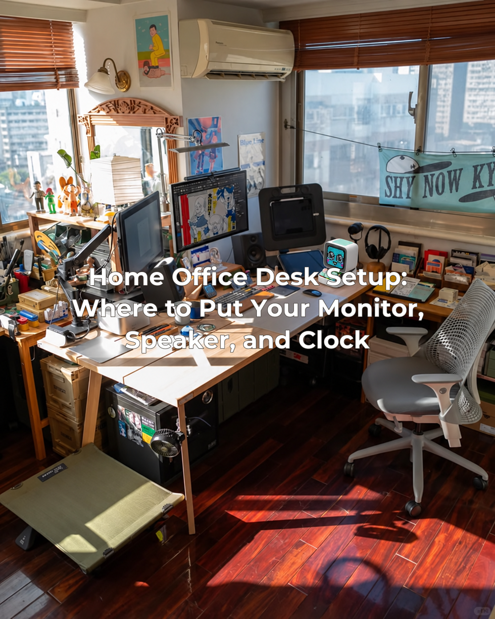 The supplied desk photograph with an accurate product addition and the complete article title centered.