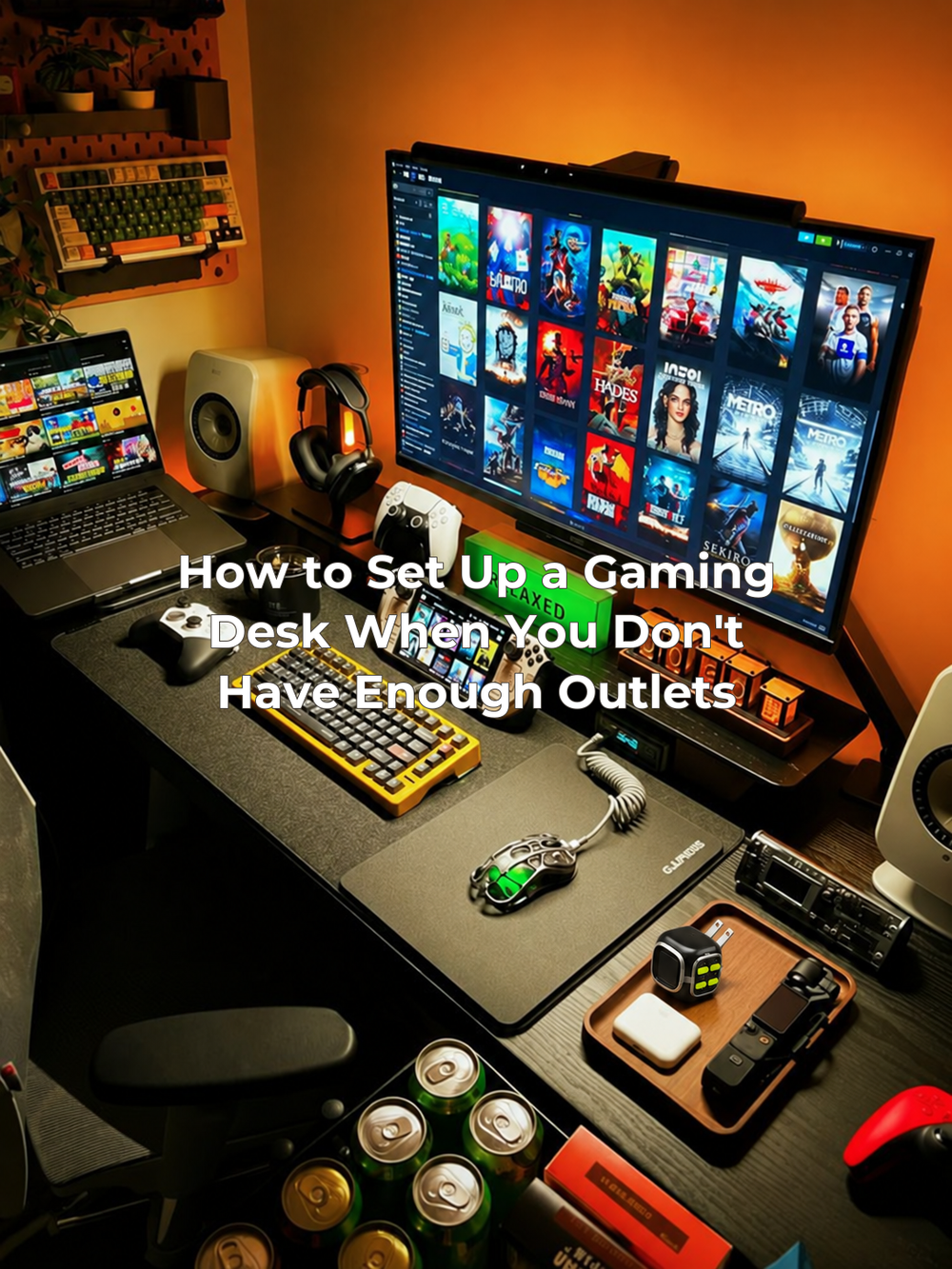 The supplied desk scene with a small unplugged black charger added and the full article title centered.