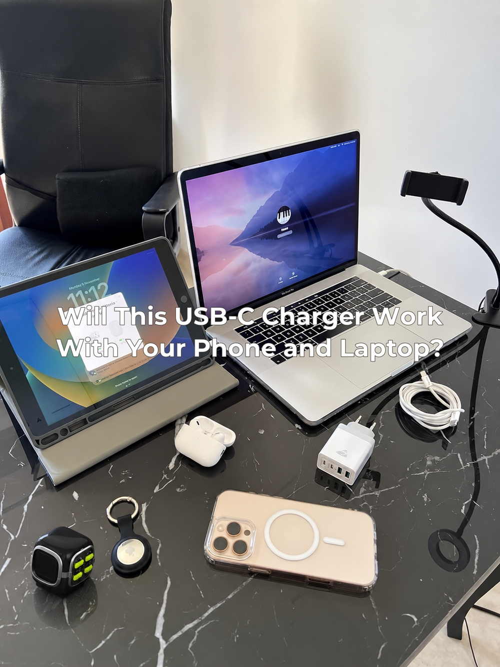 The supplied room photograph with a small black unplugged charger added and the complete article title centered.