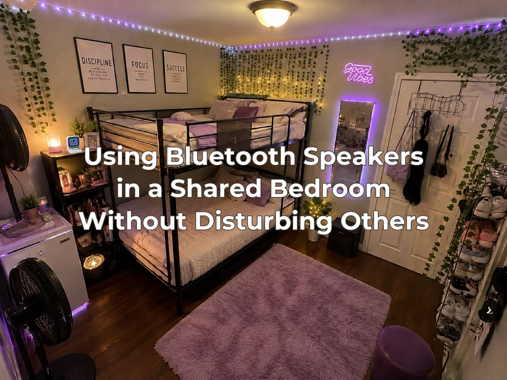 The supplied shared-bedroom photograph with a small desktop speaker added and the full article title centered.