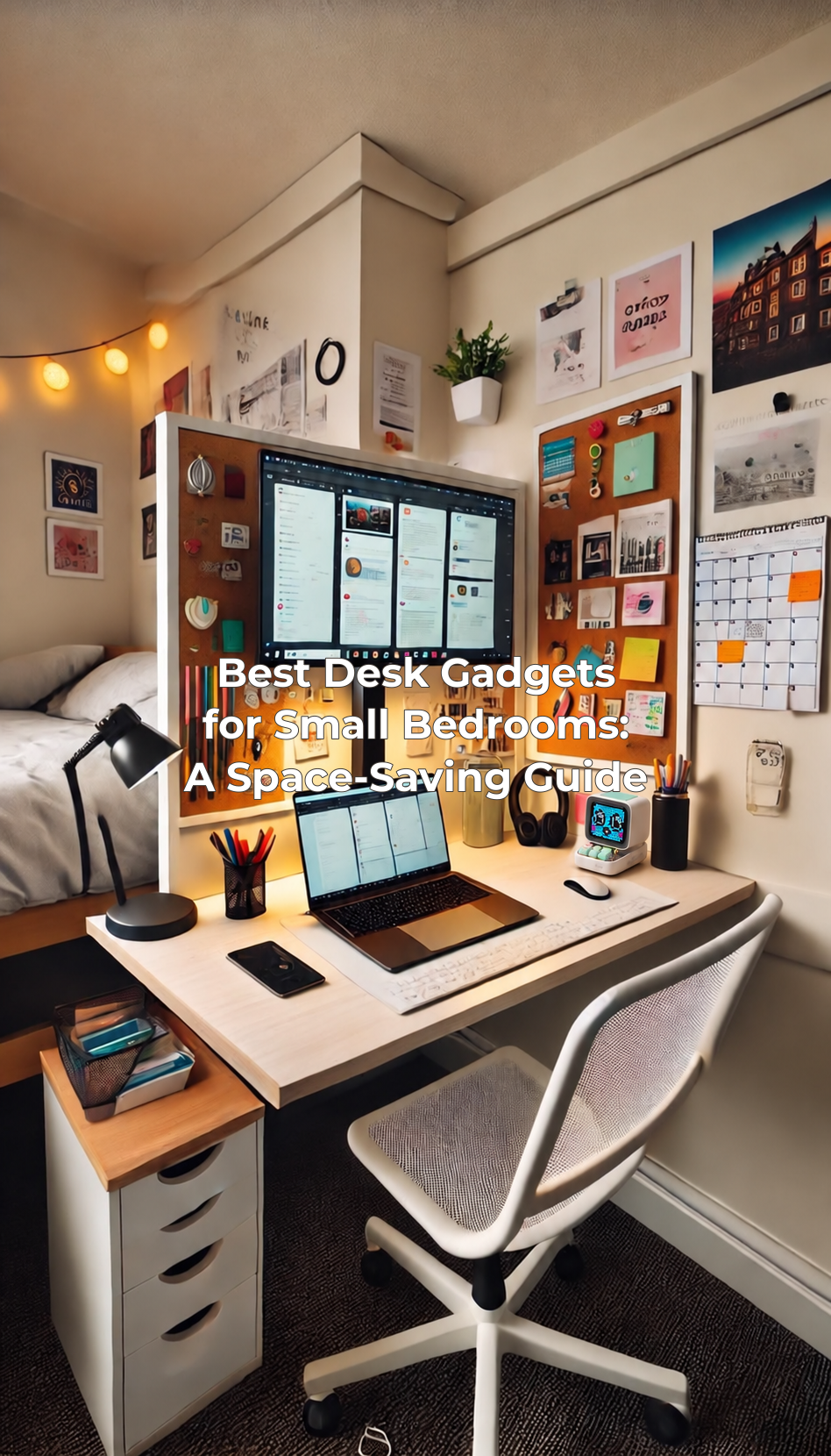 The original small-bedroom desk with a separately added small white speaker and centered article title.