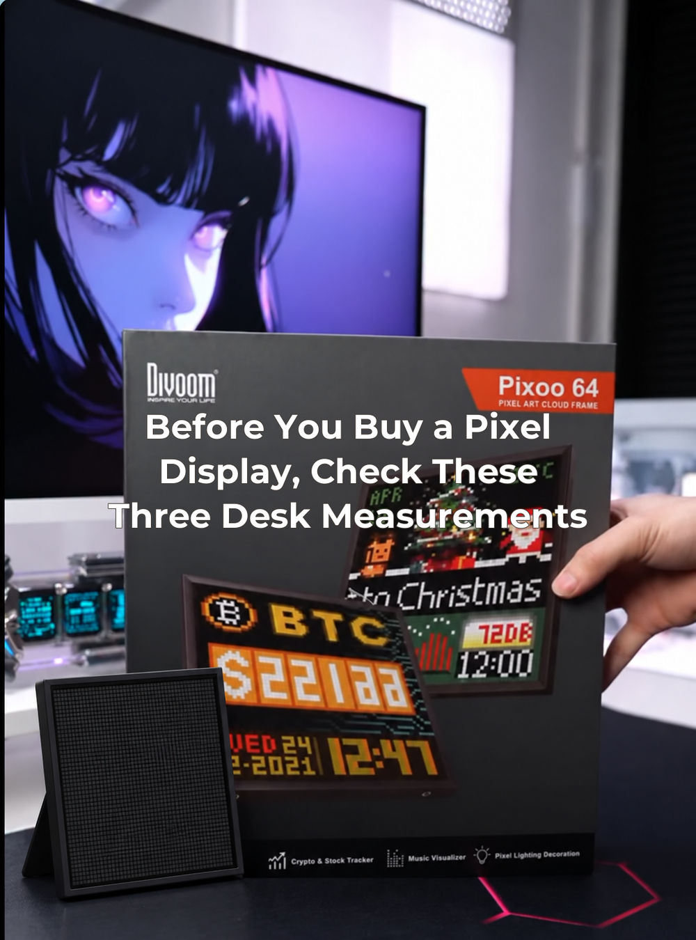 The supplied old Pixoo64 box scene with a separate black pixel display added and the full title centered.