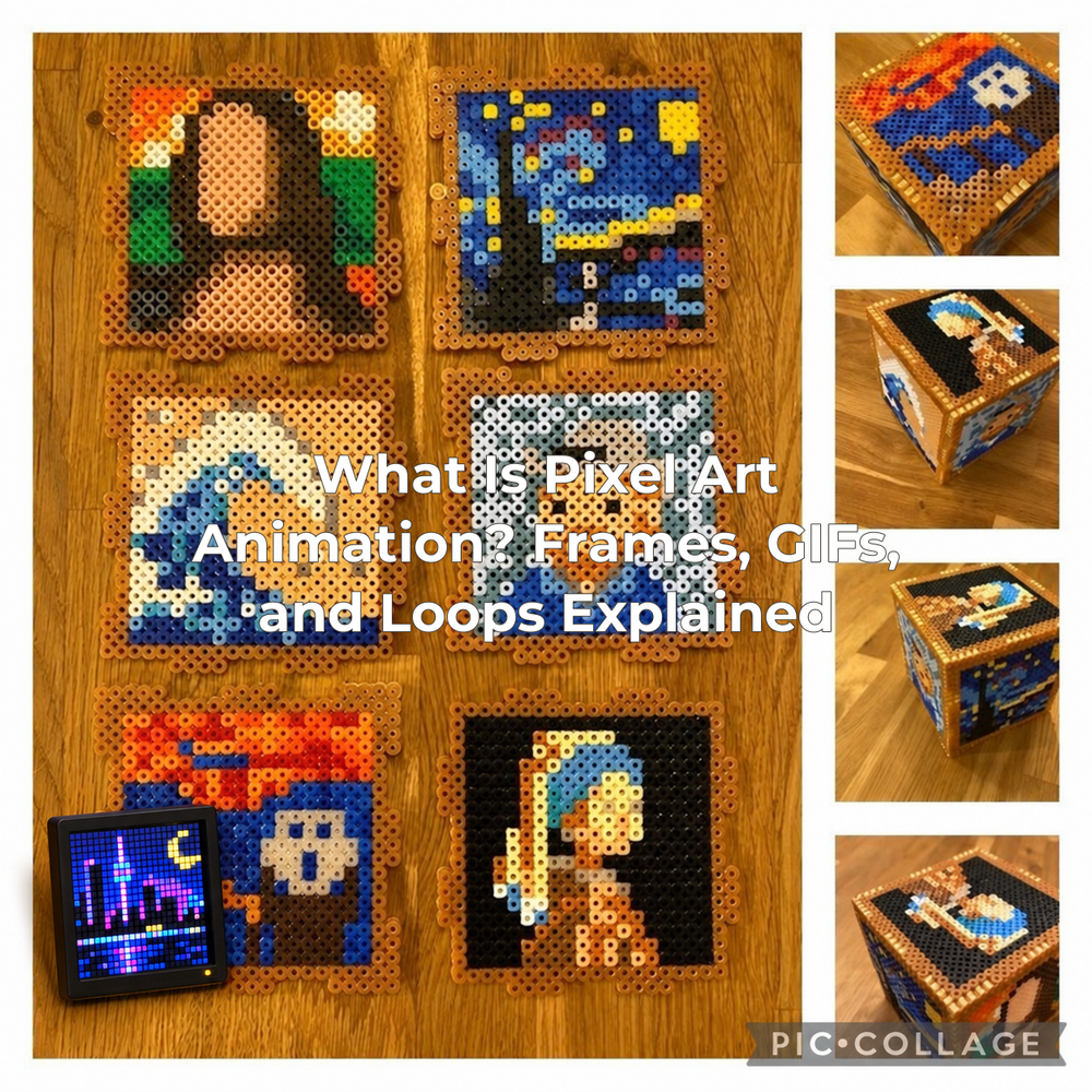 The supplied bead-art photograph with a pixel display added and the full article title centered.