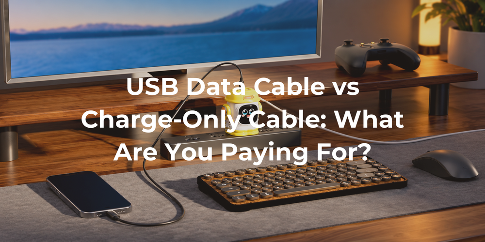 Two USB cable routes on a desk beside a charger and computer.