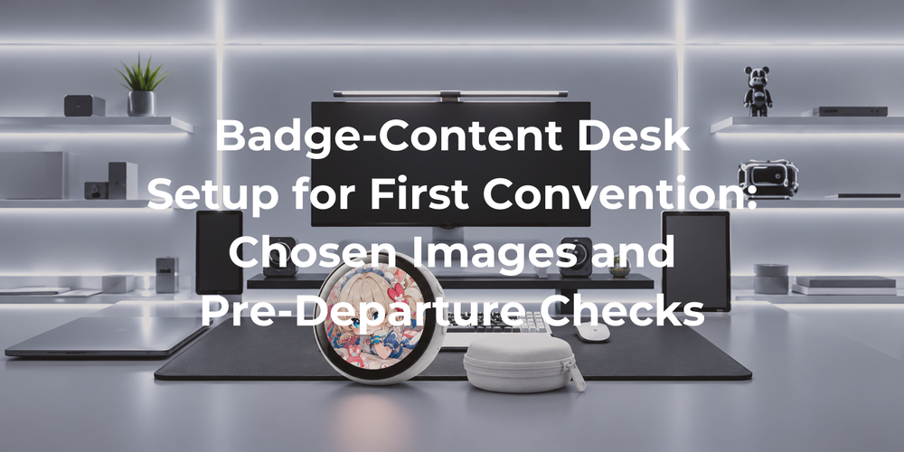 A digital badge and small travel pouch on a prepared convention desk.