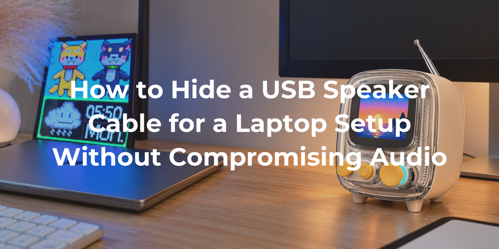 A laptop desk with an accessible routed speaker cable.